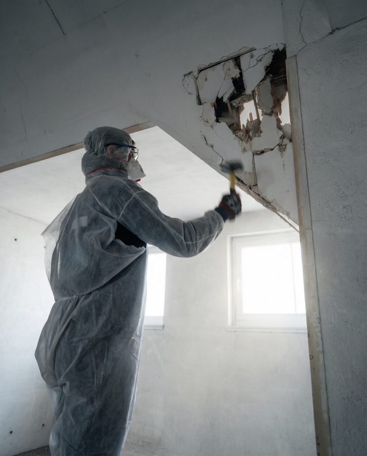Arbeiter im Schutzanzug schlägt eine Öffnung in eine Zwischendecke